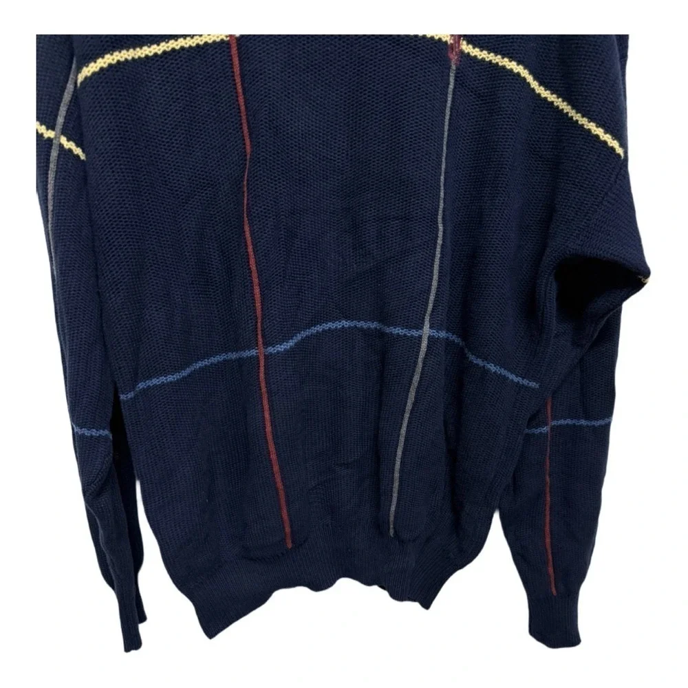 Nautica Dark Blue Grid Stripe Pullover Sweater Heavy Cotton Knit Preppy Retro L